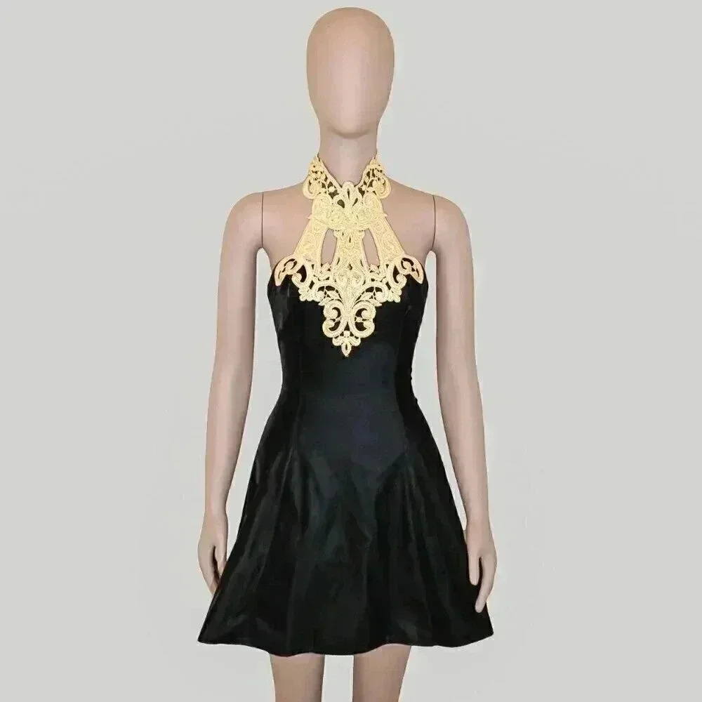 Vintage Jessica McClintock and Gunne Sax Black Gold Lace Halter Dress Small